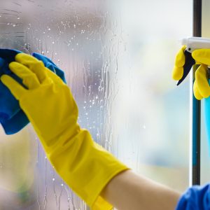 professional cleaner wiping office windows